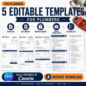 Paquete de plantillas de facturas para fontaneros / Canva / Kit para negocios de fontanería / Lista de verificación para presupuestos de órdenes de trabajo / Descarga instantánea