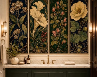 May include: Four vertical wall panels featuring botanical illustrations of white flowers, berries, and rose hips against dark blue and green backgrounds. The panels are arranged above a dark green vanity cabinet with a marble countertop and gold fixtures.
