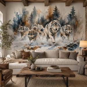 Watercolor Wolf Pack Wall Mural, Winter Forest Peel and Stick Wallpaper, Woodland Cabin Bedroom Decor