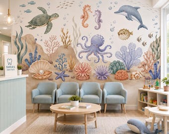 May include: A wall mural featuring a watercolor ocean scene with a sea turtle, seahorses, a dolphin, an octopus, coral, and seashells. The mural includes a sign that reads "SMILES start here" and is displayed in a room with light blue chairs.