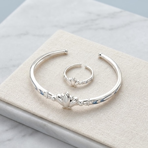 Sterling Silver Mermaid Shell Cuff Bracelet Ring Set Whimsical Ocean Theme Jewelry Gift