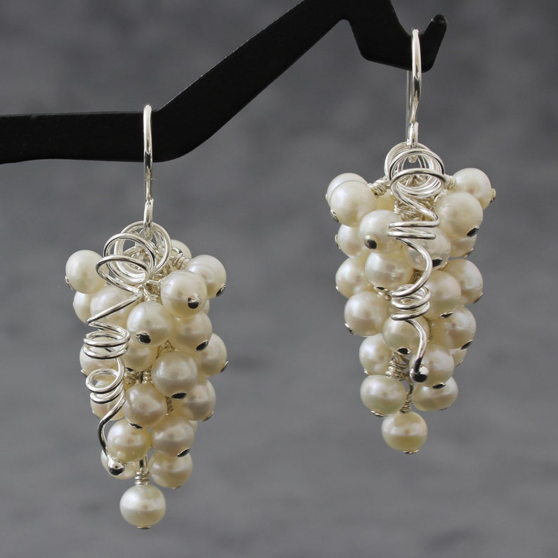White Pearl Grape Cluster Earrings Sterling Silver Etsy
