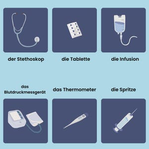 May include: A collection of medical equipment illustrations on a dark blue background. The image includes a stethoscope, pills, an IV bag, a blood pressure monitor, a thermometer, and a syringe. Each item is labeled with a German term.
