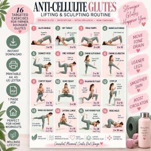 Op de afbeelding: Een trainingsschema getiteld Anti-Cellulite Glutes Lifting & Sculpting Routine met 16 genummerde oefenillustraties met instructies. De poster bevat tekst over bilspieroefeningen, printbare formaten en voordelen voor een gezonde levensstijl.