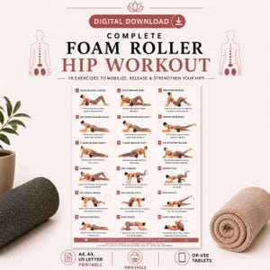 Könnte beinhalten: Ein digitaler Download-Leitfaden mit dem Titel Complete Foam Roller Hip Workout, der 18 nummerierte Übungsillustrationen mit Anleitungen enthält. Die Übersicht zeigt Diagramme für die Entspannung von Gesäß, Hüftbeugern und IT-Band sowie verschiedene Beinbewegungen.