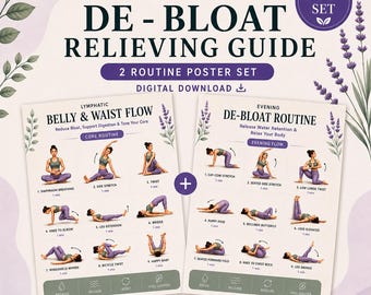 May include: A 2-in-1 digital download set featuring two lymphatic drainage posters titled Lymphatic Drainage De-Bloat Relieving Guide. The posters display illustrated exercise routines for Belly & Waist Flow and an Evening De-Bloat Routine.