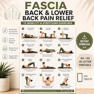 Alivio del dolor de espalda y lumbar, 12 ejercicios de estiramiento para la movilidad, tabla para el dolor de espalda, descarga digital, póster de bienestar, decoración de pared, regalo.