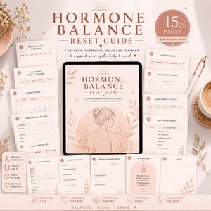 May include: A 15-page Hormone Balance Reset Guide digital download planner featuring a tablet displaying the cover with a line art illustration of a person, surrounded by various tracking pages including a monthly calendar, mood, sleep, and nutrition trackers.