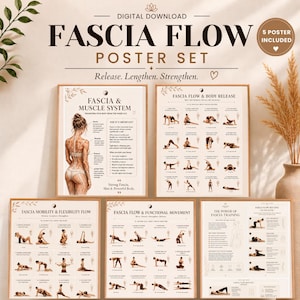 May include: A digital download set of five posters titled Fascia Flow, featuring educational diagrams of the human muscle system, body release techniques, mobility and flexibility flows, functional movements, and the power of fascia training.