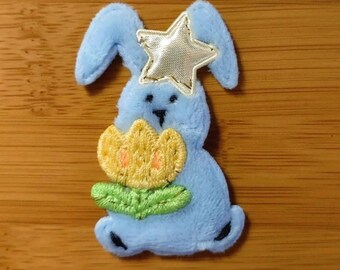 Handmade Hand-Sewn Bunny Rabbit with tulip flower & star Plush Embroidered Sew-on Animal Patch