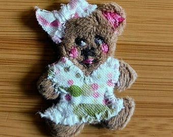 Handmade Hand-Sewn Bear with polka dot dress & bow Plush Embroidered Sew-on Animal Patch Applique
