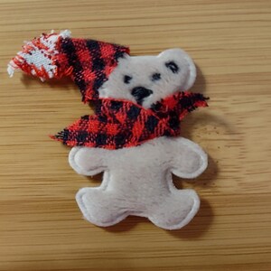 Handmade Hand-Sewn Bear with red & black checked Santa Hat Plush Embroidered Sew-on Animal Patch Applique