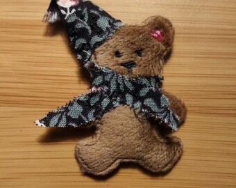 Handmade Hand-Sewn Bear with Scarf & Hat Plush Embroidered Sew-on Animal Patch Applique