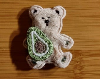 Handmade Hand-Sewn Bear with Avocado Plush Embroidered Sew-on Animal Patch