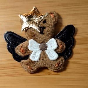 Handmade Hand-Sewn Angel Bear w/ gold star black wings bow tie Embroidered Sew-on Plush Animal Patch Applique