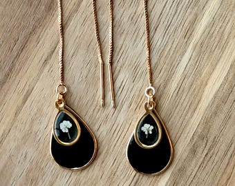 Raindrop Wild Flower Threader Earrings- Black & Gold