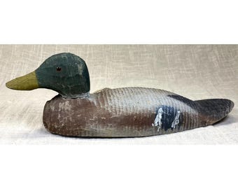 Antique Duck Decoy Drake Mallard Carved Wood Hand Painted Folk Art Cabin Decor