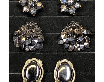Vintage Earrings Set of 3 Clip On Black Rhinestone Retro 60s Mod MCM Jewelry