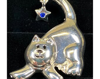 Vintage Brooch Cat Star Dangle Blue Rhinestone Silver Tone 90s TC Pin Jewelry