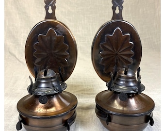 Vintage Oil Lamp Wall Mount Reflectors Copper Rustic Sconce Pair Lamplight Farms