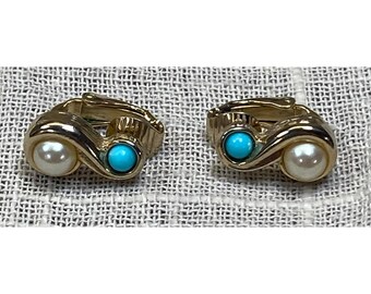 Vintage Avon Earrings Faux Pearl & Turquoise Gold Tone Clip On S Shape Swirl