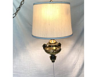 Vintage Swag Lamp Brass Hanging Light Pull Chain Drum Shade MCM Retro - Working