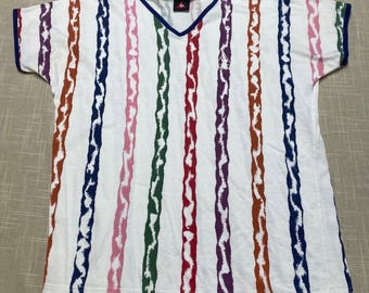 Vintage Le Coq Sportif Shirt Mens Medium Geometric Stripe Sport Tennis Retro 90s