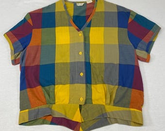 Vintage Patchwork Plaid Shirt 60s 70s BonJour Hippie Top Colorful Retro Mod Boho