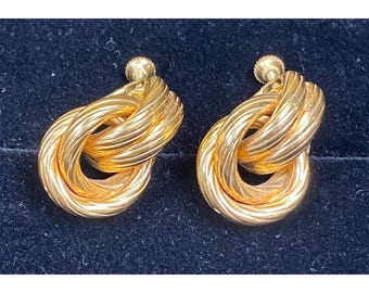 VIntage Napier Earrings Gold Tone Swirl Twist Hoop Clip On Adjustable Screw Back