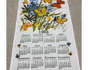 Vintage 1984 Linen Tea Towel Calendar Colorful Butterflies Flowers Kitchen Decor