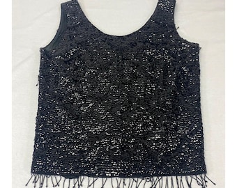 Vintage Sequin Beaded Blouse Black Flapper Top Imperial Imports Hong Kong 50s