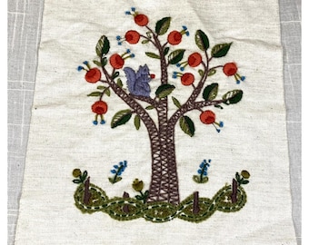 Vintage Crewel Embroidery Tree Squirrel Jacobean Unframed MCM Handmade Wall Art