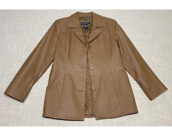 Vintage Leather Jacket Brown Dialogue Coat w/ Pockets Womens Size XS 90s Y2K