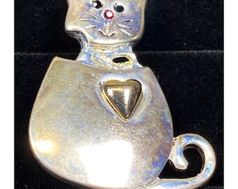 Vintage Cat Brooch 90s Retro Heart Kitten Silver & Gold Tone Pin Brooch Jewelry