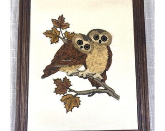 Vintage Crewel Embroidery Owl MCM Owls Birds Framed Wall Art Handmade Home Decor