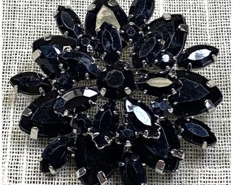 Vintage Brooch Black Rhinestone Star Flower Cluster Dark Crystal Glam Pin
