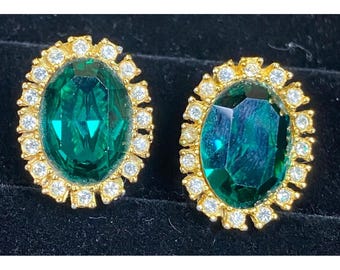 Vintage Tara Earrings Green Emerald Rhinestone Faux Diamond Clip On Oval Glam