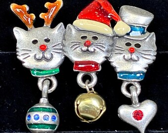 Vintage Brooch Christmas Cat Rhinestone Enamel Charms Jingle Bell 90s AJMC