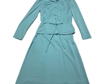 Vintage Suit Skirt Leslie Fay 2 Piece Set 1960s Retro Teal Blue Jacket Top Skirt