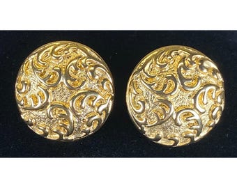 Vintage Monet Earrings Gold Tone 60s Scroll Filigree Round 1in Retro Glam