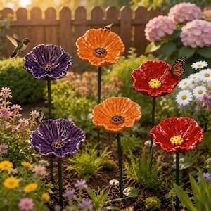 Peut inclure: Un ensemble de six tuteurs de jardin en céramique en forme de fleurs violettes, orange et rouges, avec des pétales texturés et un cœur en forme de gousse. Un colibri vole près de la fleur violette et un papillon monarque se pose sur la rouge.