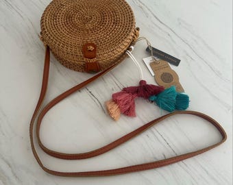 NWT Round Rattan Wicker Crossbody Bag | Lemon Print Lining | Boho Summer Beach