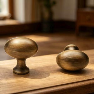 Può includere: Due pomelli per armadietto di forma ovale con finitura in ottone antico spazzolato. Ogni pomello presenta una superficie superiore liscia e arrotondata e una base affusolata che si collega a un punto di fissaggio circolare, con texture metallica.