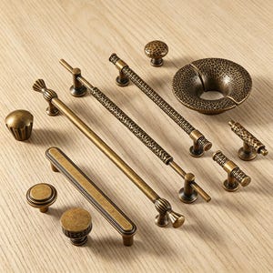 Hammered Brass Cabinet Pulls, Antique Gold Drawer Knobs for Wardrobe and Wine Cooler, Vintage T Bar Handle for Kitchen Hardware