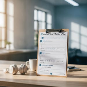 Könnte beinhalten: Ein hölzernes Klemmbrett mit einem Daily Focus Tracker Blatt für Donnerstag bis Freitag, das Abschnitte für Prioritäten, Energielevel und Fortschritt enthält. Daneben stehen weiße Kopfhörer und eine weiße Keramiktasse.