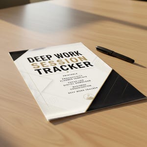 Może przedstawiać: Biało-czarny dokument zatytułowany DEEP WORK SESSION TRACKER z podtekstem zawierającym PRINTABLE PRODUCTIVITY PLANNER TEMPLATE, FOCUS LOG, DIGITAL DOWNLOAD, BUSINESS ORGANIZATION oraz DEEP WORK TRACKER, któremu towarzyszy czarny długopis.