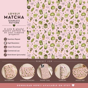 Può includere: Un motivo digitale senza cuciture con illustrazioni a tema matcha verde come bubble tea, torte e fruste su uno sfondo rosa chiaro. L'immagine include etichette di testo come LOVELY MATCHA SEAMLESS PATTERN ed esempi del design su quaderni, astucci, cover per telefoni, bicchieri e tappetini per mouse.