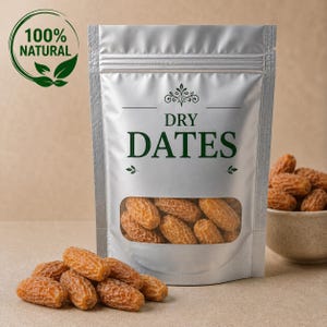 May include: A silver stand-up pouch containing dry dates with a clear window showing the contents. The label features the text "DRY DATES" in dark green, a decorative flourish, and a "100% NATURAL" circular logo with green leaves.