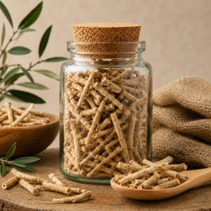 May include: A clear glass jar filled with small, light brown wooden sticks, topped with a textured cork stopper. The jar sits alongside a wooden spoon containing a pile of the same sticks, with additional sticks scattered on the surface.