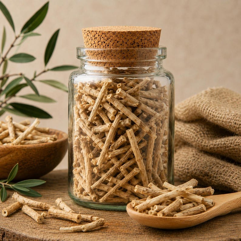May include: A clear glass jar filled with small, light brown wooden sticks, topped with a textured cork stopper. The jar sits alongside a wooden spoon containing a pile of the same sticks, with additional sticks scattered on the surface.